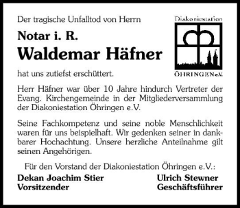 Traueranzeige von Waldemar Häfner 
