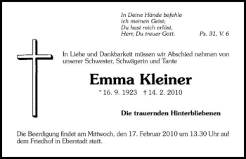 Traueranzeige von Emma Kleiner 