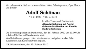 Traueranzeige von Adolf Schönau 