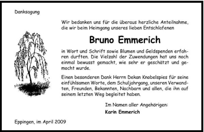  Traueranzeige für Bruno Emmerich vom 04.04.2009 aus 