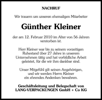 Traueranzeige von Günther Kleiner 