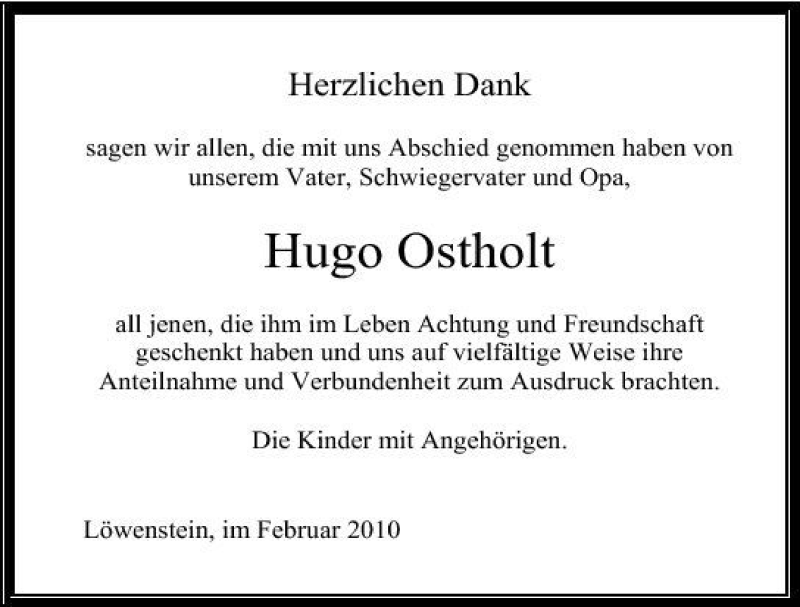  Traueranzeige für Hugo Osthold vom 20.02.2010 aus 
