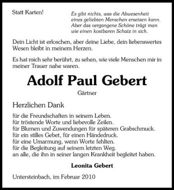 Traueranzeige von Adolf Paul Gebert 