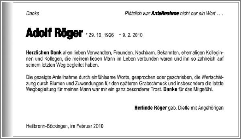  Traueranzeige für Adolf Röger vom 24.02.2010 aus 