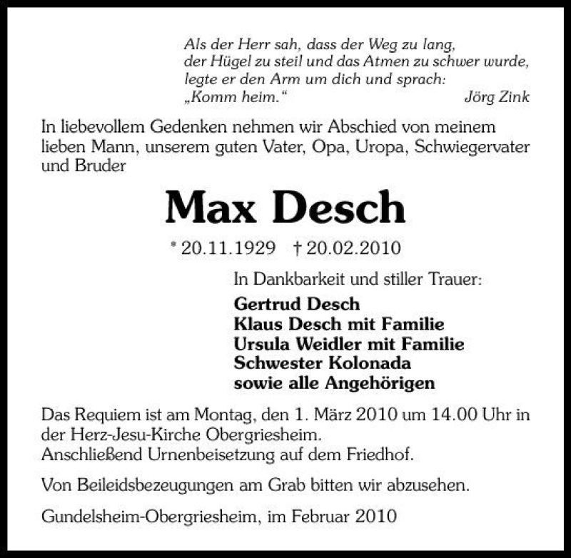 Traueranzeige für Max Desch vom 24.02.2010 aus 