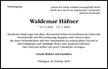 Traueranzeige von Waldemar Häfner 