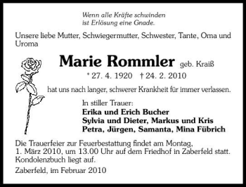 Traueranzeige von Marie Rommler 