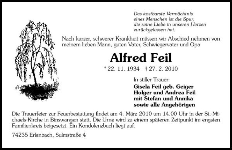  Traueranzeige für Alfred Feil vom 02.03.2010 aus 