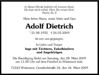 Traueranzeige von Adolf Dietrich 