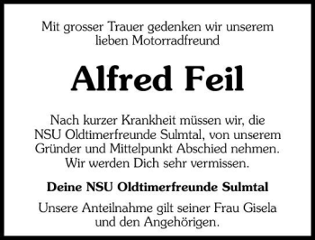 Traueranzeige von Alfred Feil 