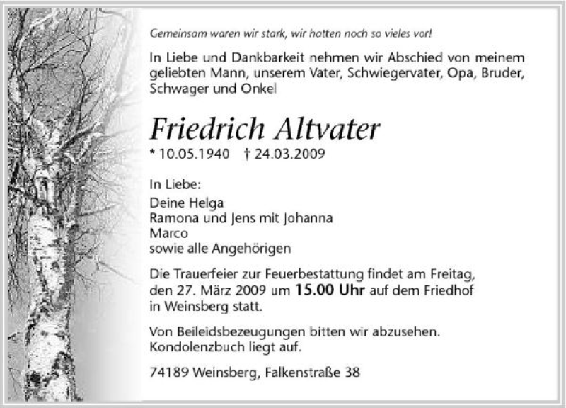  Traueranzeige für Friedrich Altvater vom 26.03.2009 aus 