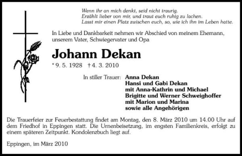  Traueranzeige für Johann Dekan vom 05.03.2010 aus 