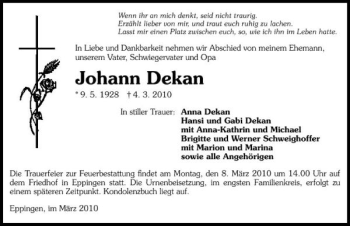 Traueranzeige von Johann Dekan 