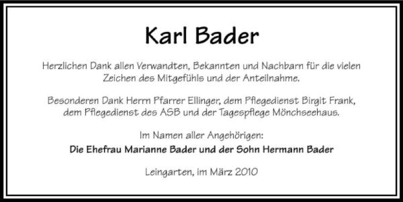  Traueranzeige für Karl Bader vom 06.03.2010 aus 