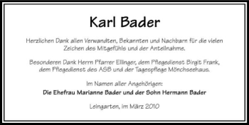 Traueranzeige von Karl Bader 