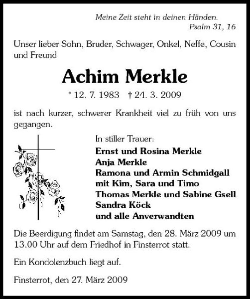  Traueranzeige für Achim Merkle vom 27.03.2009 aus 