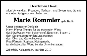 Traueranzeige von Marie Rommler 