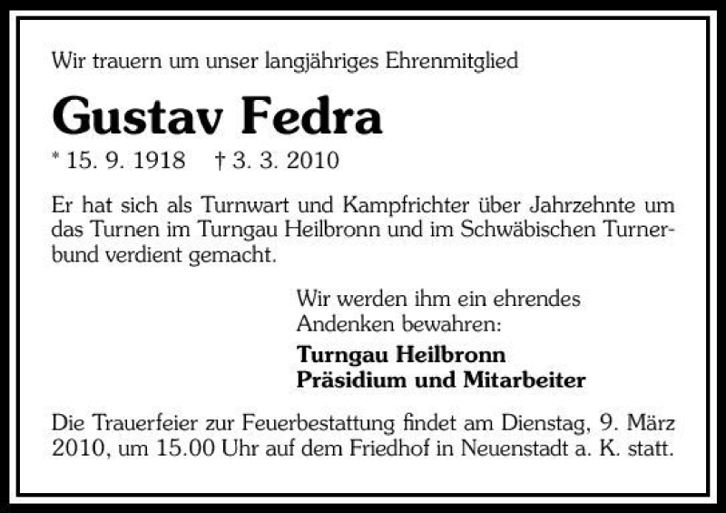 Traueranzeige für Gustav Fedra vom 09.03.2010 aus 