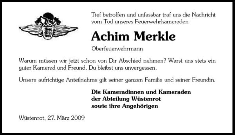  Traueranzeige für Achim Merkle vom 27.03.2009 aus 