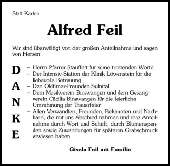 Traueranzeige von Alfred Feil 
