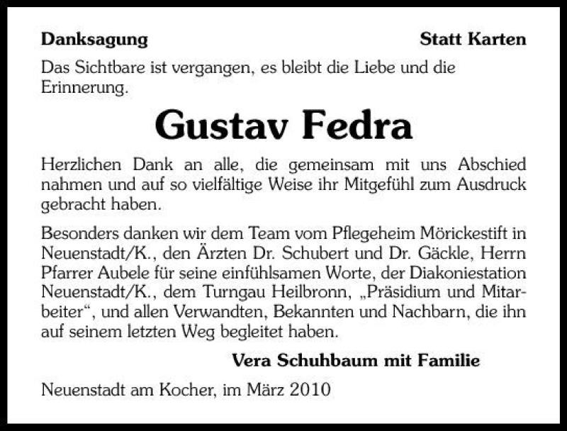  Traueranzeige für Gustav Fedra vom 17.03.2010 aus 