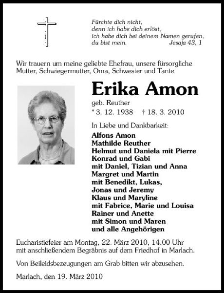  Traueranzeige für Erika Amon vom 19.03.2010 aus 