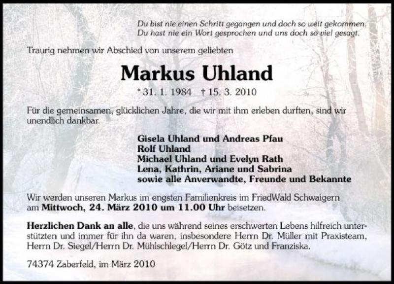  Traueranzeige für Markus Uhland vom 20.03.2010 aus 