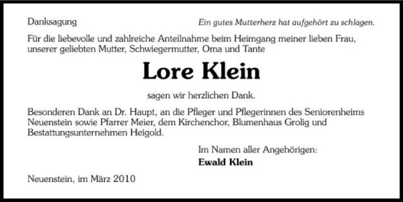  Traueranzeige für Lore Klein vom 20.03.2010 aus 
