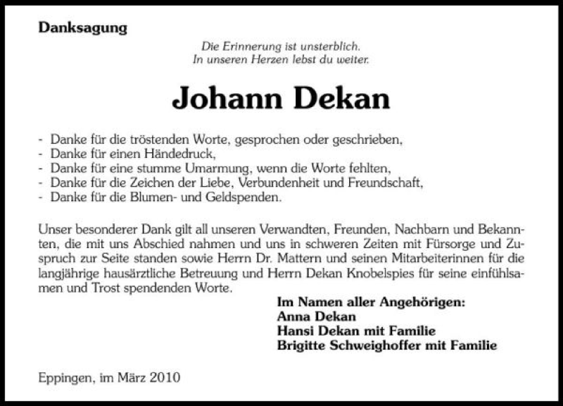  Traueranzeige für Johann Dekan vom 20.03.2010 aus 