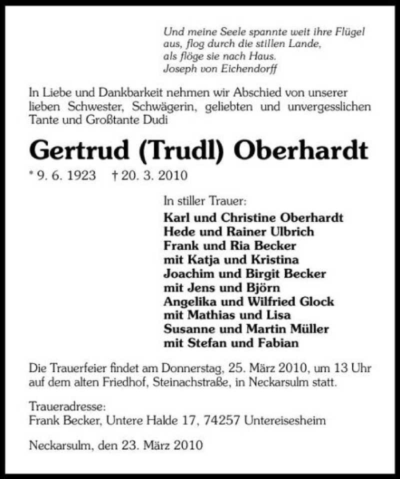  Traueranzeige für Gertrud Oberhardt vom 23.03.2010 aus 