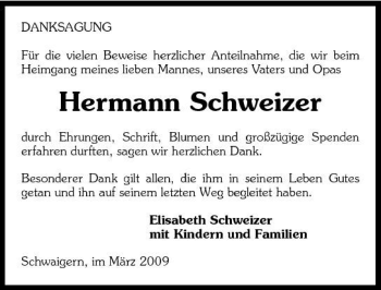 Traueranzeige von Hermann Schweizer 