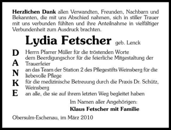 Traueranzeige von Lydia Fetscher 