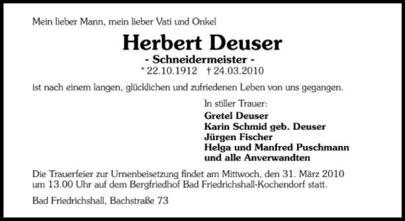  Traueranzeige für Herbert Deuser vom 29.03.2010 aus 