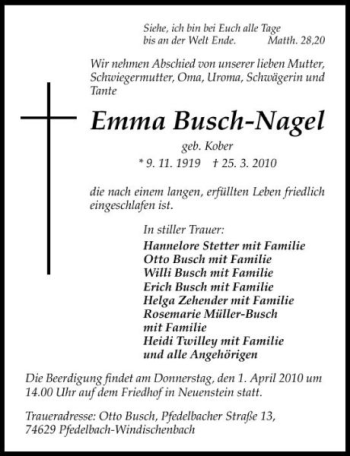 Traueranzeige von Emma Busch-Nagel 