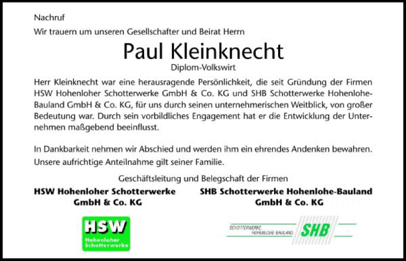  Traueranzeige für Paul Kleinknecht vom 30.03.2010 aus 