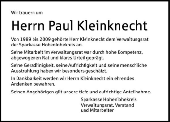 Traueranzeige von Paul Kleinknecht 