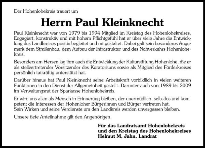  Traueranzeige für Paul Kleinknecht vom 30.03.2010 aus 
