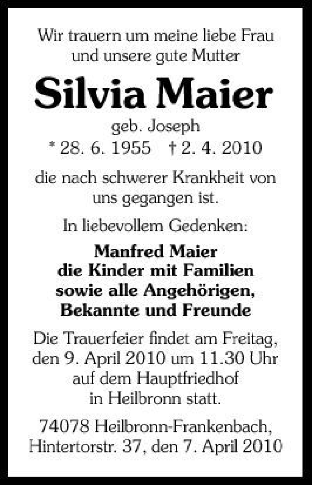  Traueranzeige für Silvia Maier vom 07.04.2010 aus 