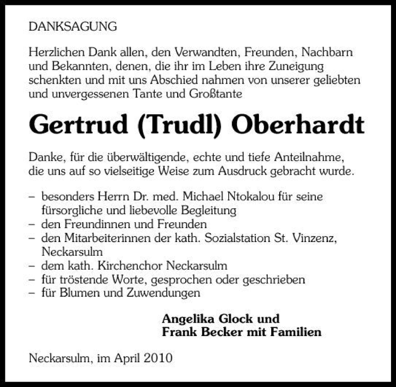  Traueranzeige für Gertrud Oberhard vom 08.04.2010 aus 
