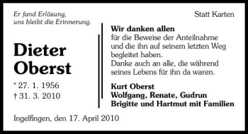 Traueranzeige von Dieter Oberst 