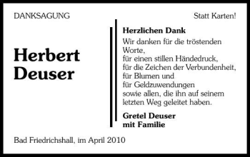 Traueranzeige von Herbert Deuser 