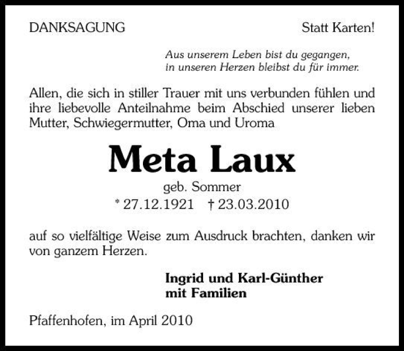  Traueranzeige für Meta Laux vom 10.04.2010 aus 
