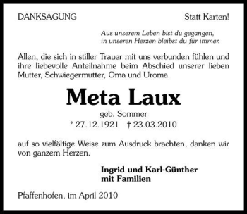 Traueranzeige von Meta Laux 