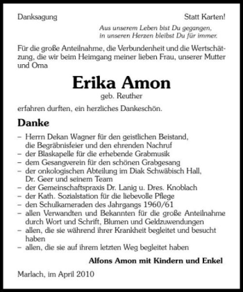 Traueranzeige von Erika Amon 