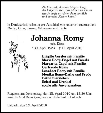 Traueranzeige von Johanna Romy 