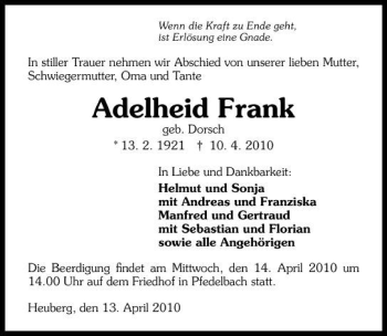 Traueranzeige von Adelheid Frank 