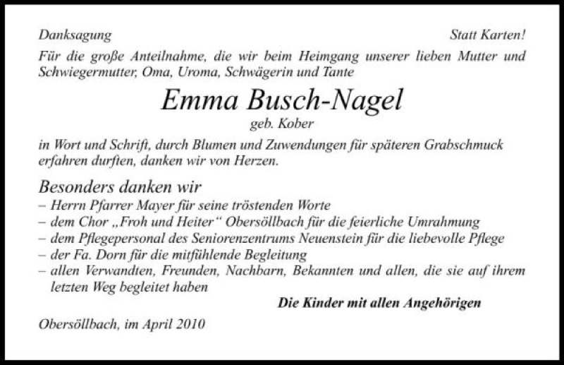  Traueranzeige für Emma Busch-Nagel vom 15.04.2010 aus 