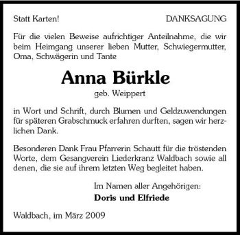 Traueranzeige von Anna Bürkle 