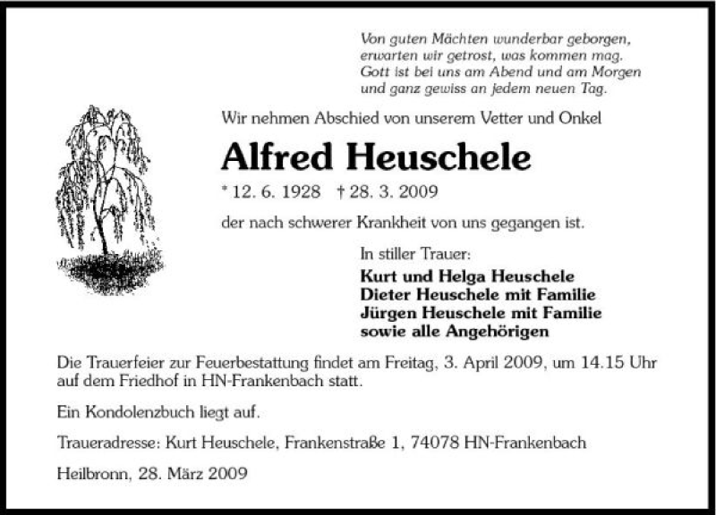  Traueranzeige für Alfred Heuschele vom 31.03.2009 aus 