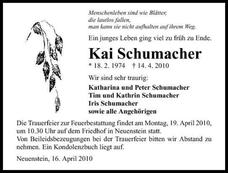  Traueranzeige für Kai Schumacher vom 16.04.2010 aus 